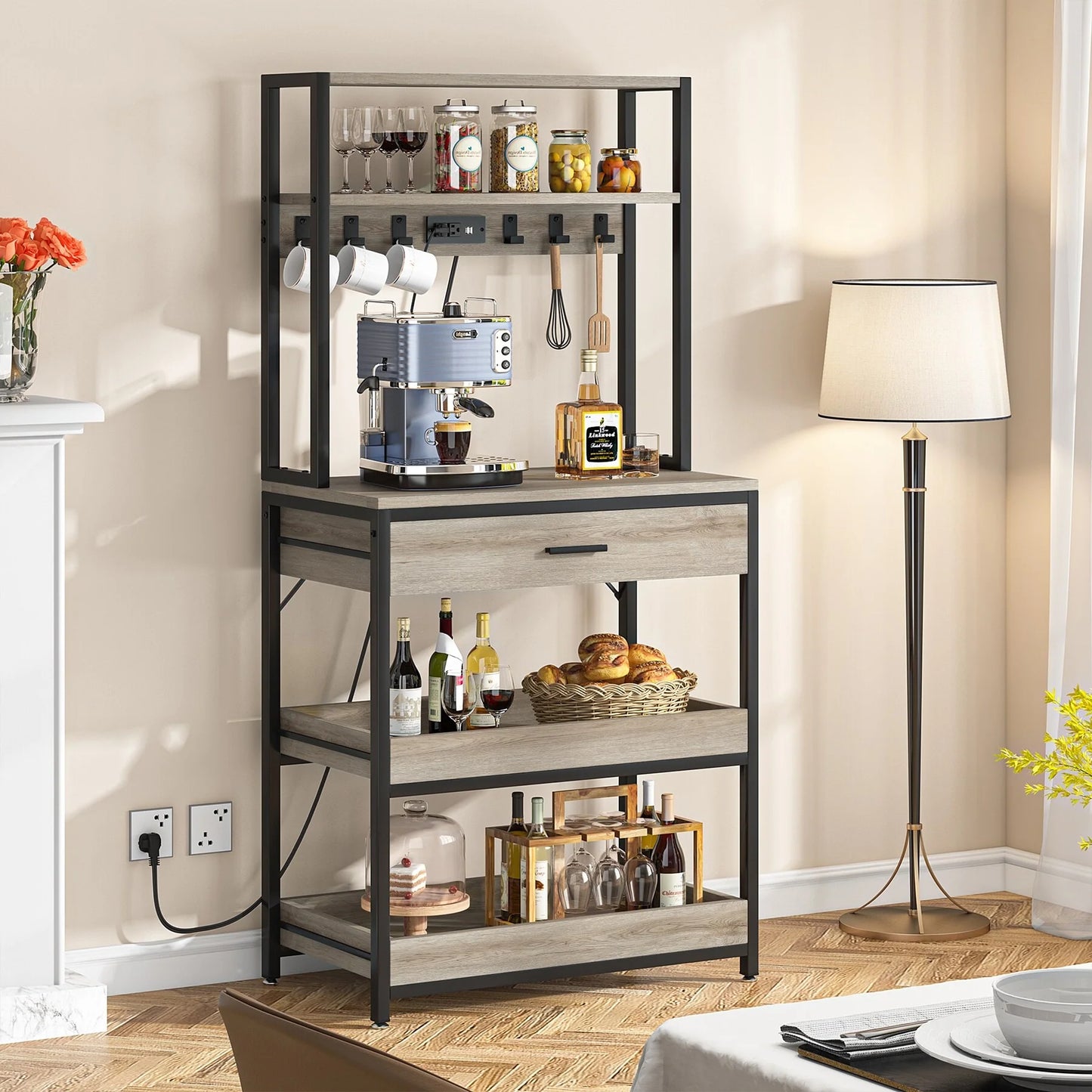 Kitchen Bakers Rack with Power Outlets, High Utility Storage Shelves Microwave Stand with Drawers