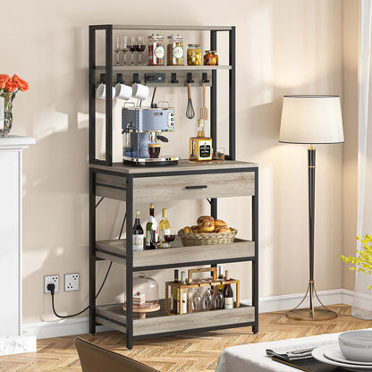 Kitchen Bakers Rack with Power Outlets, High Utility Storage Shelves Microwave Stand with Drawers