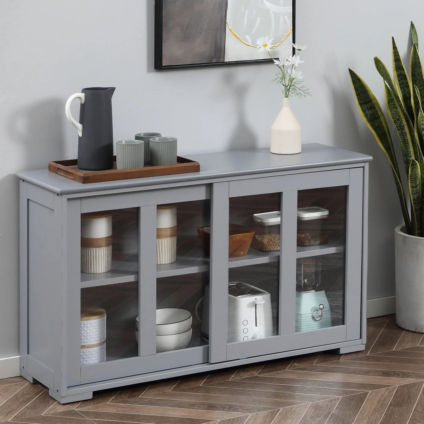 HOMCOM Modern Kitchen Sideboard, Stackable Storage Cabinet, Sliding Glass Door Console, Cupboard Serving Buffet for Kitchen