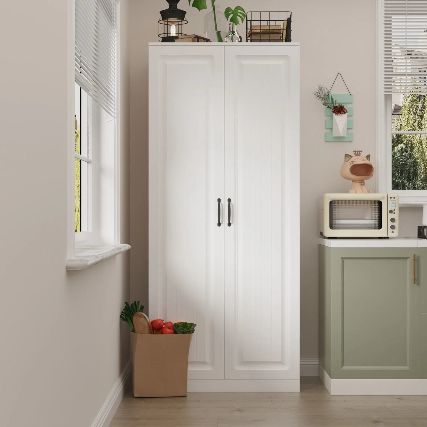 White Storage Cabinet: Kitchen Pantry, Buffet, Large 72.2"H Bookshelf
