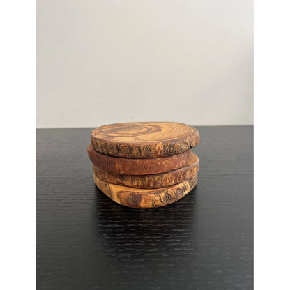 Set of 4 Olive Wood Coasters Dia 3.9" - Natural