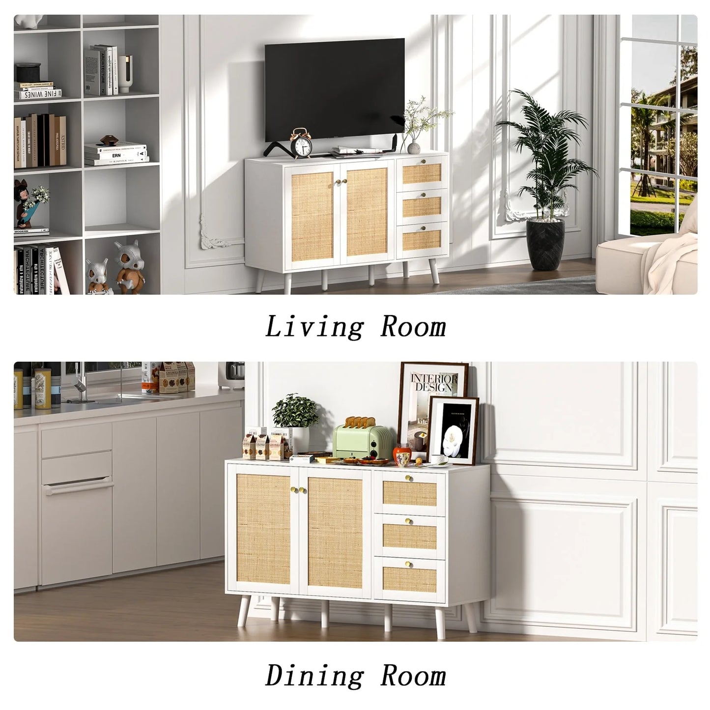 Anmytek Mid-Century Modern 2-Door Wood Rattan Buffet Sideboard Kitchen Storage Cabinet with 3 Drawers