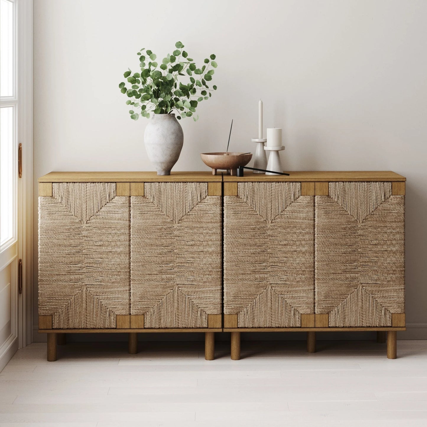 Nathan James Beacon Wood Accent Cabinet with Seagrass Doors and Adjustable Shelf