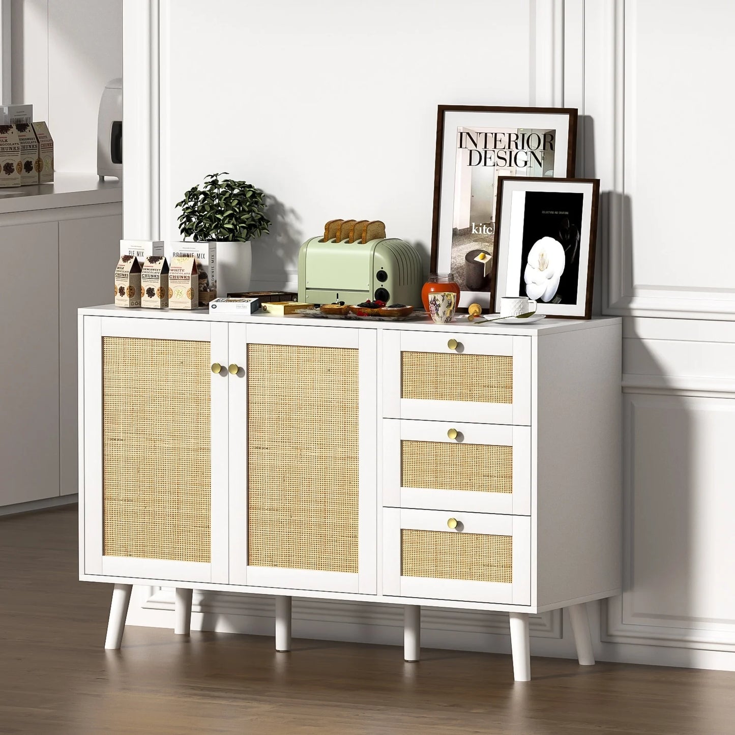 Anmytek Mid-Century Modern 2-Door Wood Rattan Buffet Sideboard Kitchen Storage Cabinet with 3 Drawers