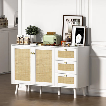 Anmytek Mid-Century Modern 2-Door Wood Rattan Buffet Sideboard Kitchen Storage Cabinet with 3 Drawers