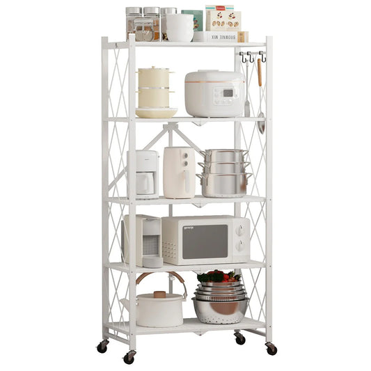 5-Tier Foldable Storage Shelving Unit, Heavy Duty Metal Kitchen Shelf with 3 Hooks