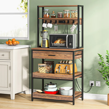 Kitchen Bakers Rack with Power Outlets, High Utility Storage Shelves Microwave Stand with Drawers