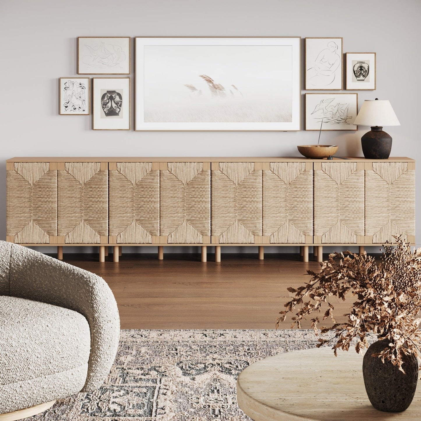 Nathan James Beacon Wood Accent Cabinet with Seagrass Doors and Adjustable Shelf