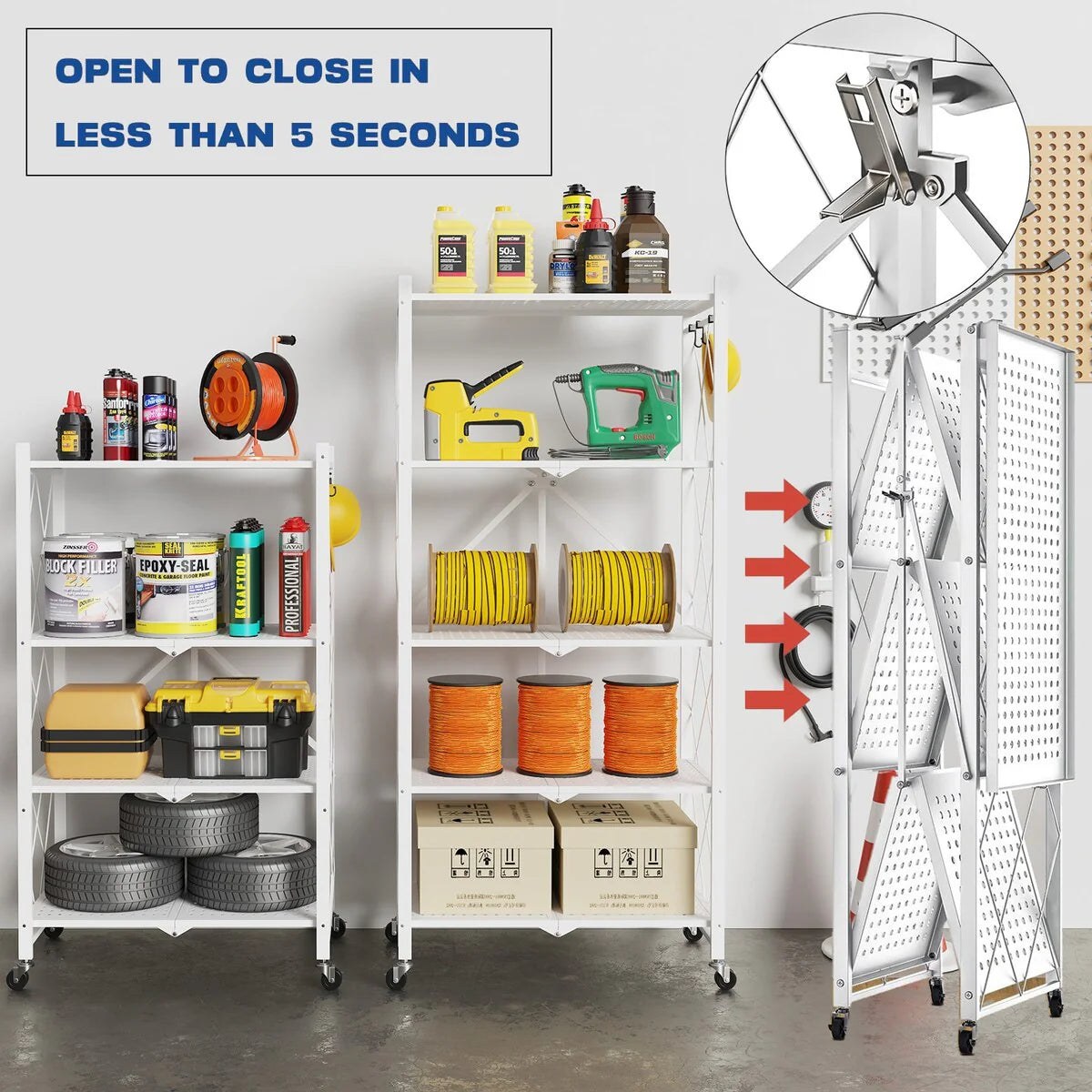 5-Tier Foldable Storage Shelving Unit, Heavy Duty Metal Kitchen Shelf with 3 Hooks