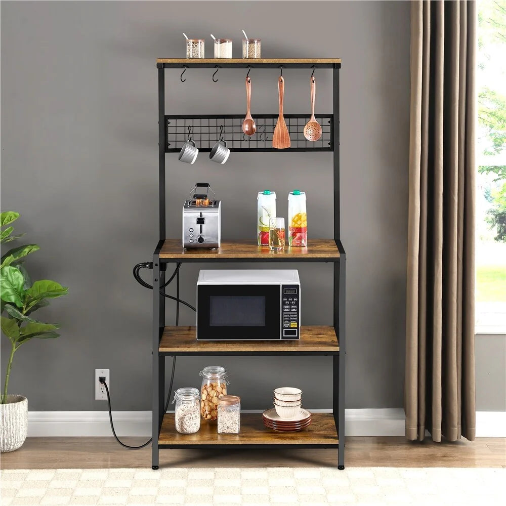 Yaheetech Kitchen Baker's Rack with Outlet Rustic Utility Storage Shelf Unit, Rustic Brown