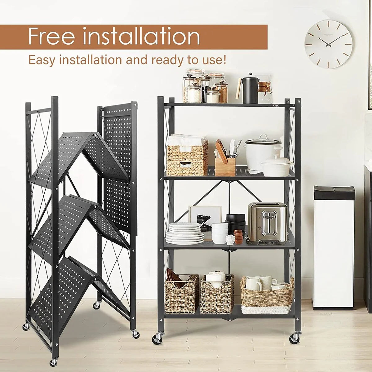 4-Tier Foldable Storage Shelving Unit, Heavy Duty Metal Shelf, Kitchen Shelf with 3 Hooks