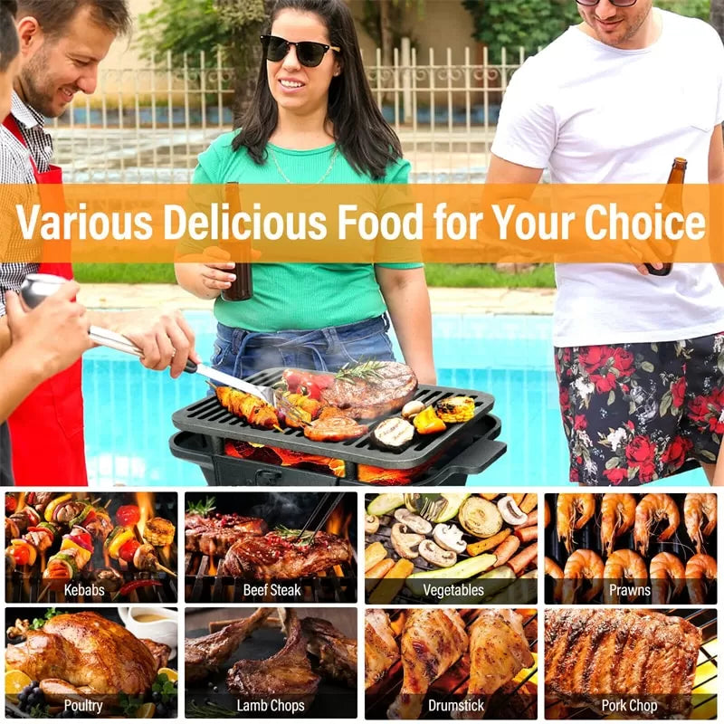 Portable Cast Iron Charcoal Grill with Double-sided Grilling Net for Camping Picnic