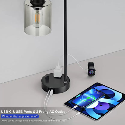 Industrial Bedside Table Lamp for Bedroom - Nightstand Lamps with USB C Charging Port, Fully Dimmable Black Lamps with USB Ports and Outlets, Small Desk Lamp with Glass Shade for Office Living Room
