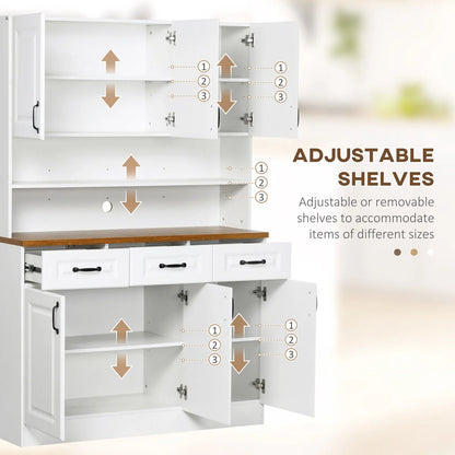 HOMCOM 71" Kitchen Pantry, Freestanding Buffet with Hutch, Farmhouse Microwave Cabinet with Countertop and Adjustable Shelves