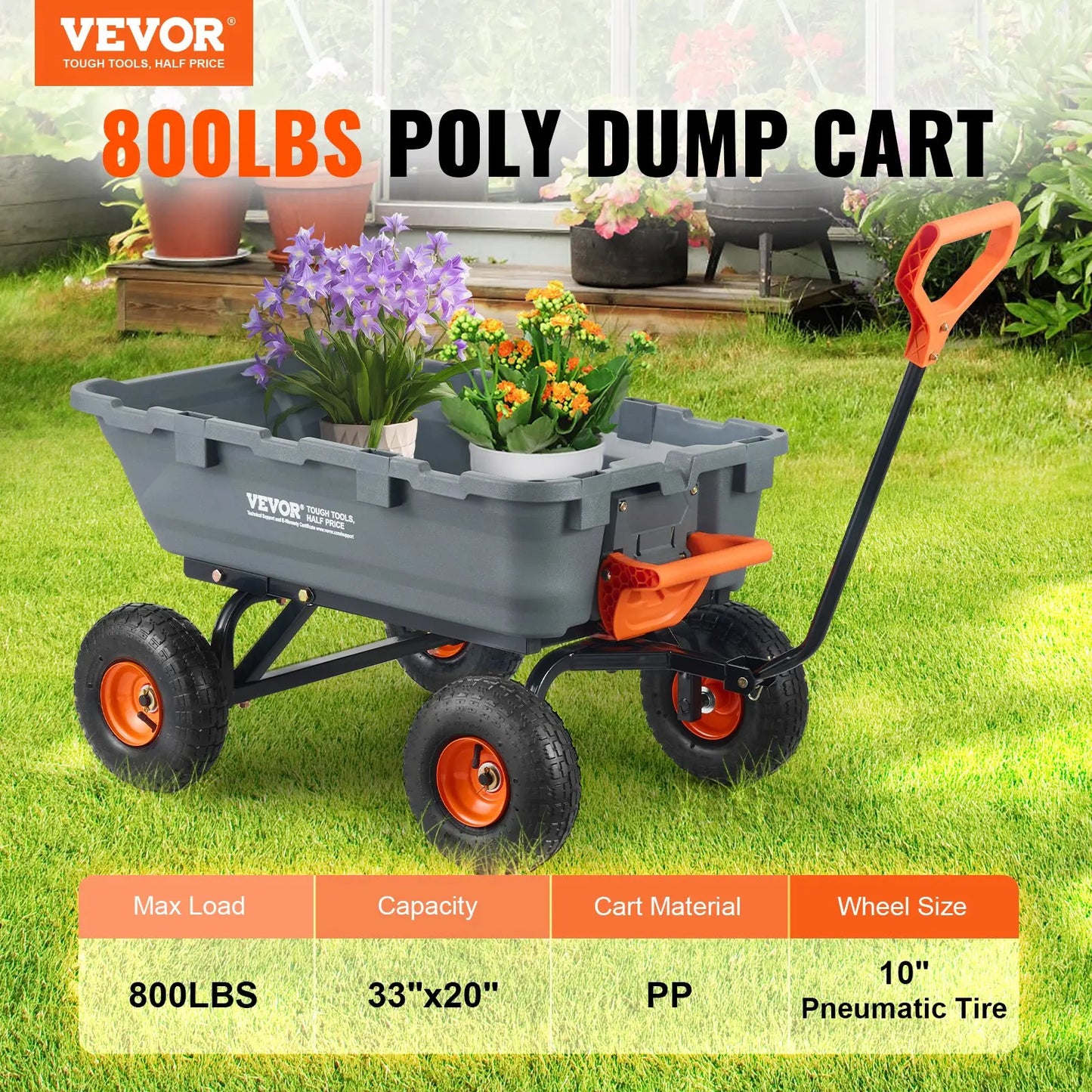 VEVOR Poly Garden Dump Cart with Easy to Assemble Steel Frame, TikTokShopBlackFriday, 2-in-1 Convertible Handle, 13 Inch Tires, Max Capacity 1500 lbs, Utility Wheelbarrow Productivity Yard
