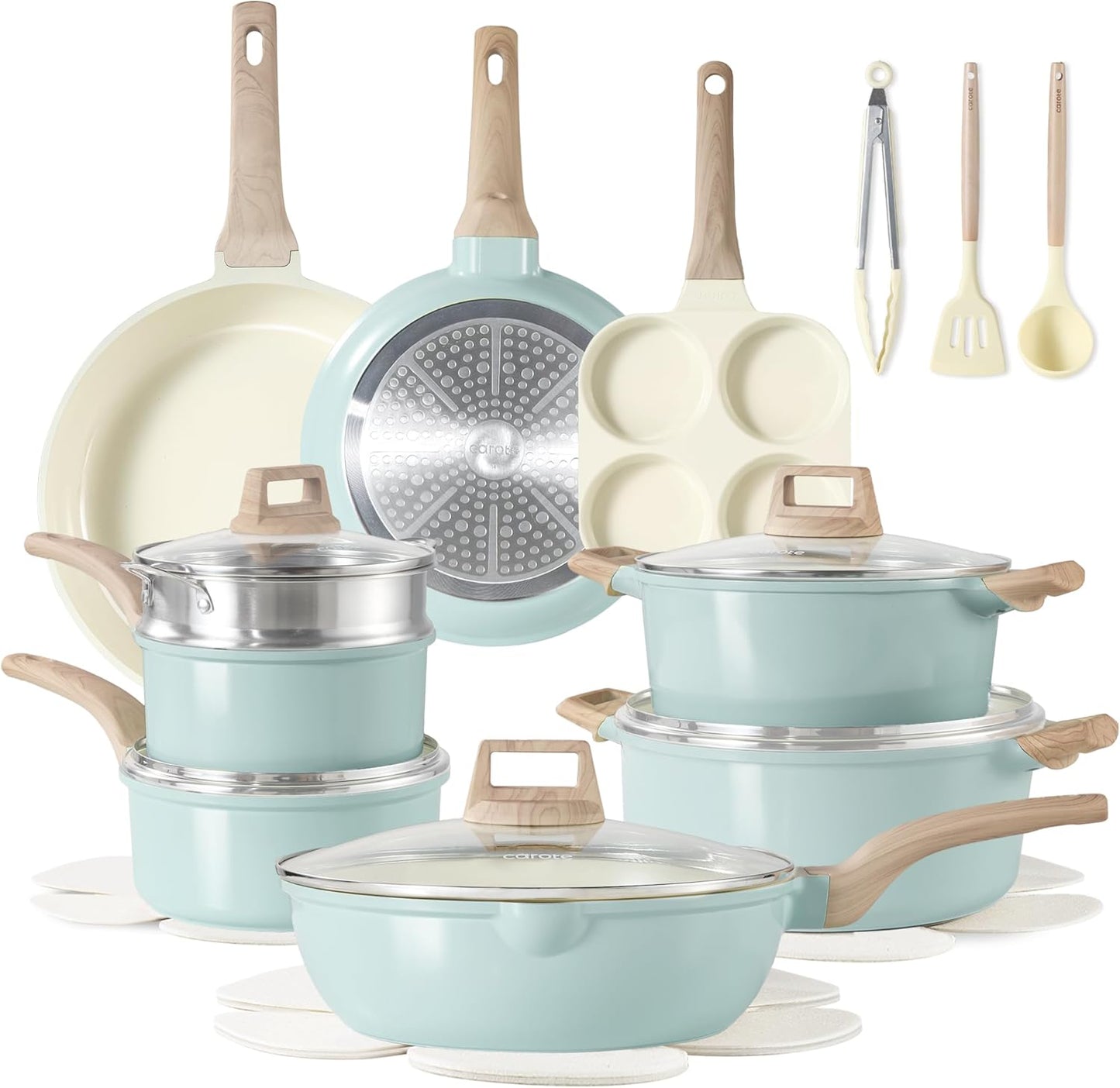 CAROTE ICE 35pcs Pots and Pans Set, Nonstick Cookware Sets, White Granite Induction Cookware with Kitchen Knife Set