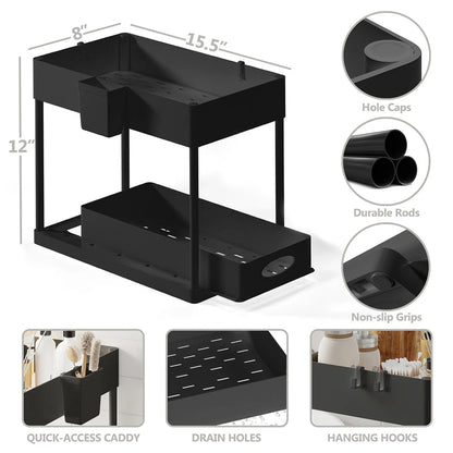 StorageBud 2 Tier Under Kitchen Sink Organizer with Sliding Drawer-Bathroom Cabinet Organizer with Utility Hooks and Side Caddy