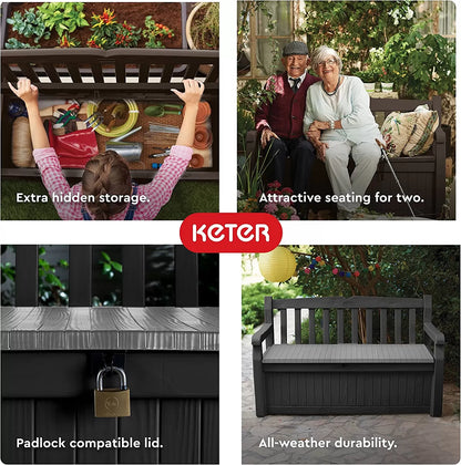 Keter Solana 70 Gallon Storage Bench Deck Box for Patio Furniture, Front Porch Decor and Outdoor Seating – Perfect to Store Garden Tools and Pool Toys,Brown/Brown