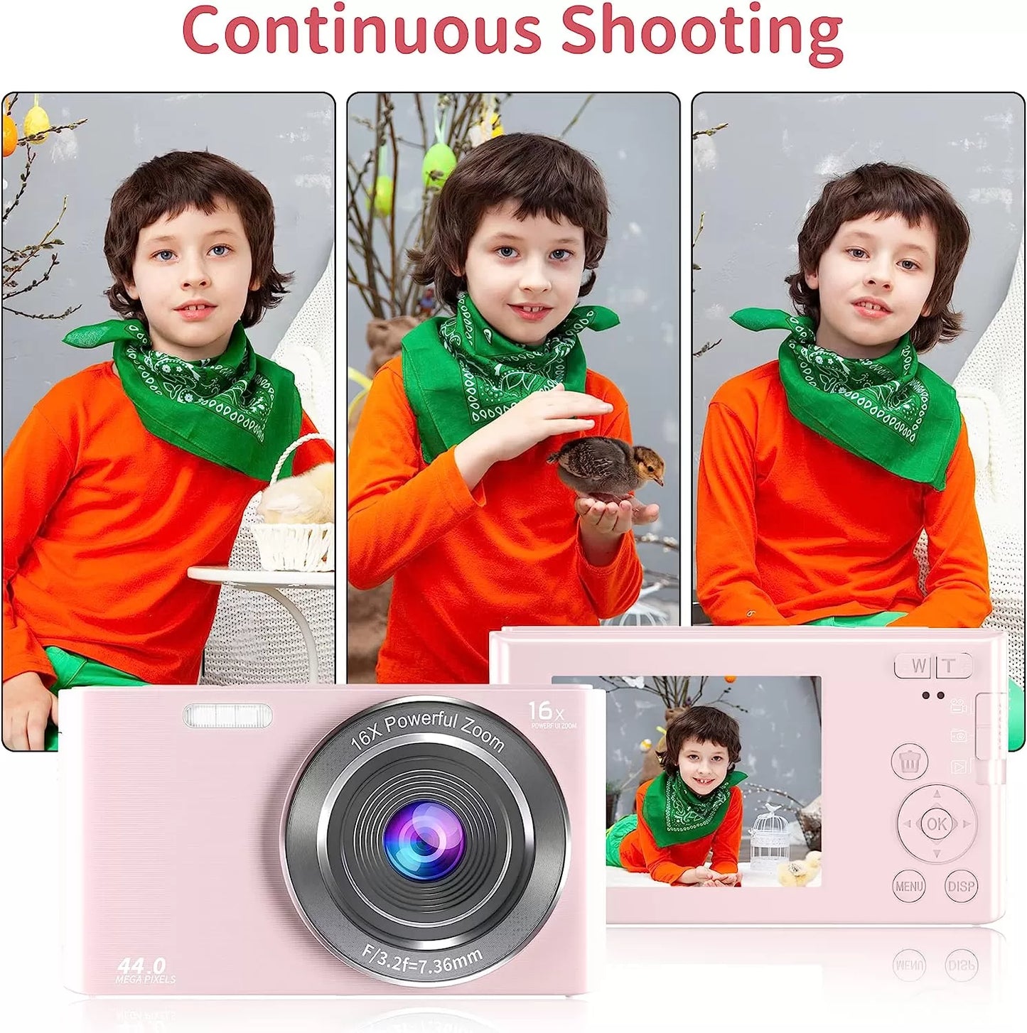 Saneen Digital Camera, FHD 2.7K Cameras for Photography, 44MP Kids Camera Small Compact Digital Camera for Teens, Adults & Beginners with 32GB SD Card, 16X Zoom, Two Rechargeable Batteries-Pink