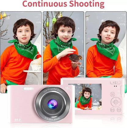 Saneen Digital Camera, FHD 2.7K Cameras for Photography, 44MP Kids Camera Small Compact Digital Camera for Teens, Adults & Beginners with 32GB SD Card, 16X Zoom, Two Rechargeable Batteries-Pink