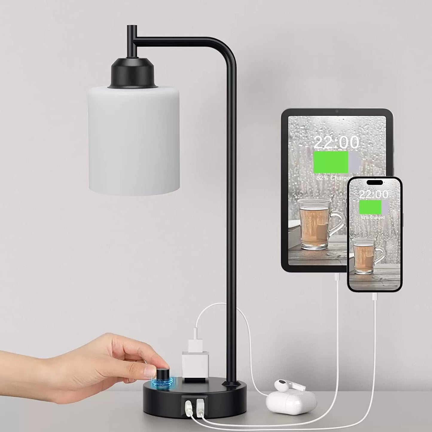 Industrial Bedside Table Lamp for Bedroom - Nightstand Lamps with USB C Charging Port, Fully Dimmable Black Lamps with USB Ports and Outlets, Small Desk Lamp with Glass Shade for Office Living Room