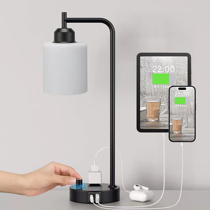 Industrial Bedside Table Lamp for Bedroom - Nightstand Lamps with USB C Charging Port, Fully Dimmable Black Lamps with USB Ports and Outlets, Small Desk Lamp with Glass Shade for Office Living Room