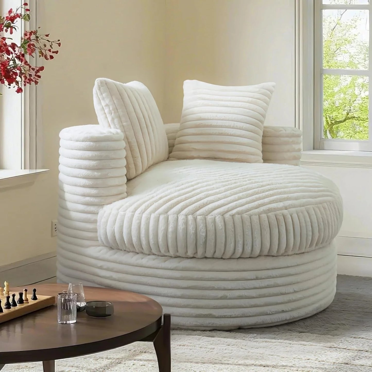 WOWMAX 47" Round Chaise Lounge Chair Indoor, Upholstered Corduroy Floor Sofa Oversized Sleeper Chair with 2 Throw Pillows