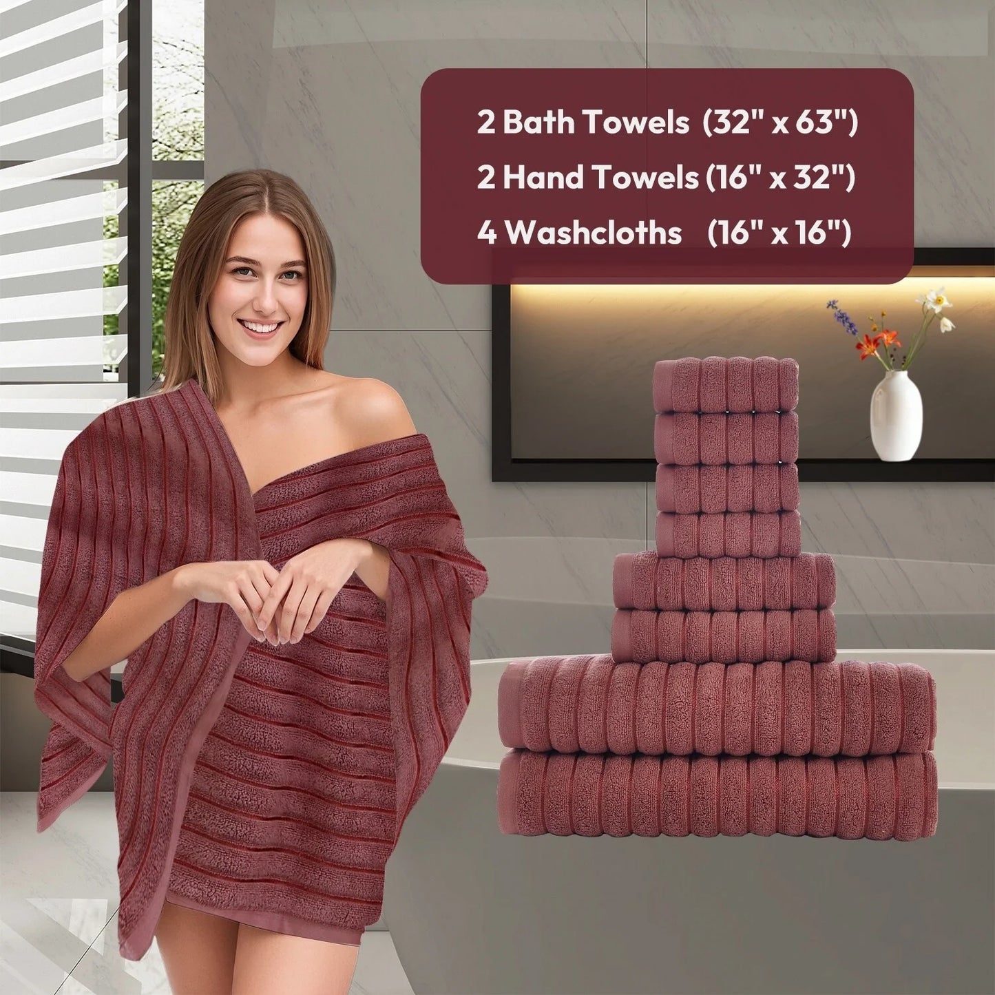 8 Piece Oversized Bath Towel Set, 100% Cotton Bath Towels, Highly Absorbant Bordered Towels