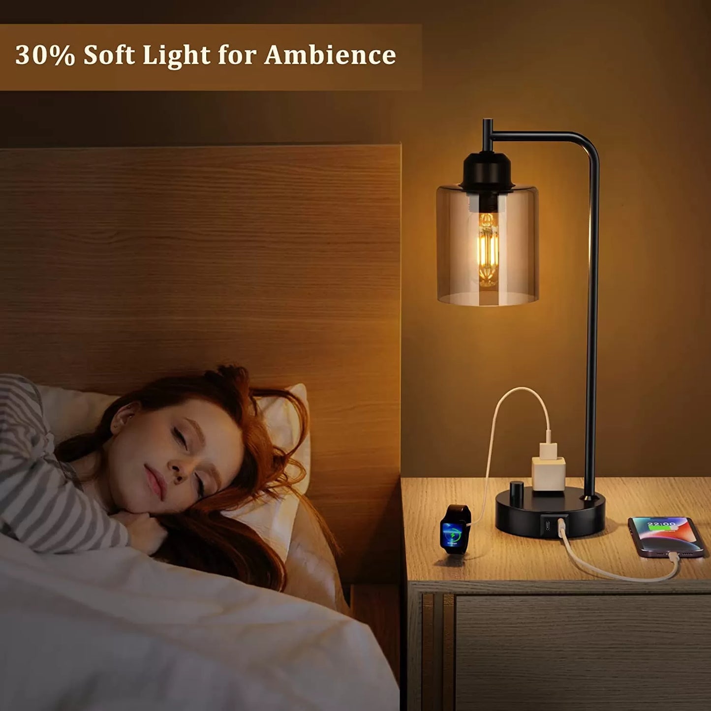 Industrial Bedside Table Lamp for Bedroom - Nightstand Lamps with USB C Charging Port, Fully Dimmable Black Lamps with USB Ports and Outlets, Small Desk Lamp with Glass Shade for Office Living Room
