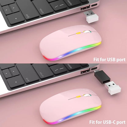 [Upgrade] LED Wireless Mouse, Slim Silent Mouse 2.4G Portable Mobile Optical Office Mouse with USB & Type-c Receiver, 3 Adjustable DPI Levels for Notebook, PC, Laptop, Computer, MacBook (Pink)