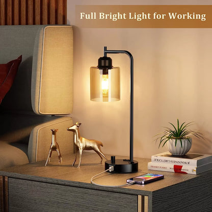 Industrial Bedside Table Lamp for Bedroom - Nightstand Lamps with USB C Charging Port, Fully Dimmable Black Lamps with USB Ports and Outlets, Small Desk Lamp with Glass Shade for Office Living Room