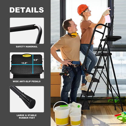 4 Step Ladder, HBTower Folding Step Stool with Tool Platform, Wide Anti-Slip Pedal, Sturdy Steel Ladder, Convenient Handgrip, Lightweight 330lbs Portable Steel Step Stool, Black