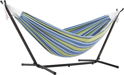 Double Cotton Hammock with Space Saving Steel Stand, Tropical (450 lb Capacity - Premium Carry Bag Included)