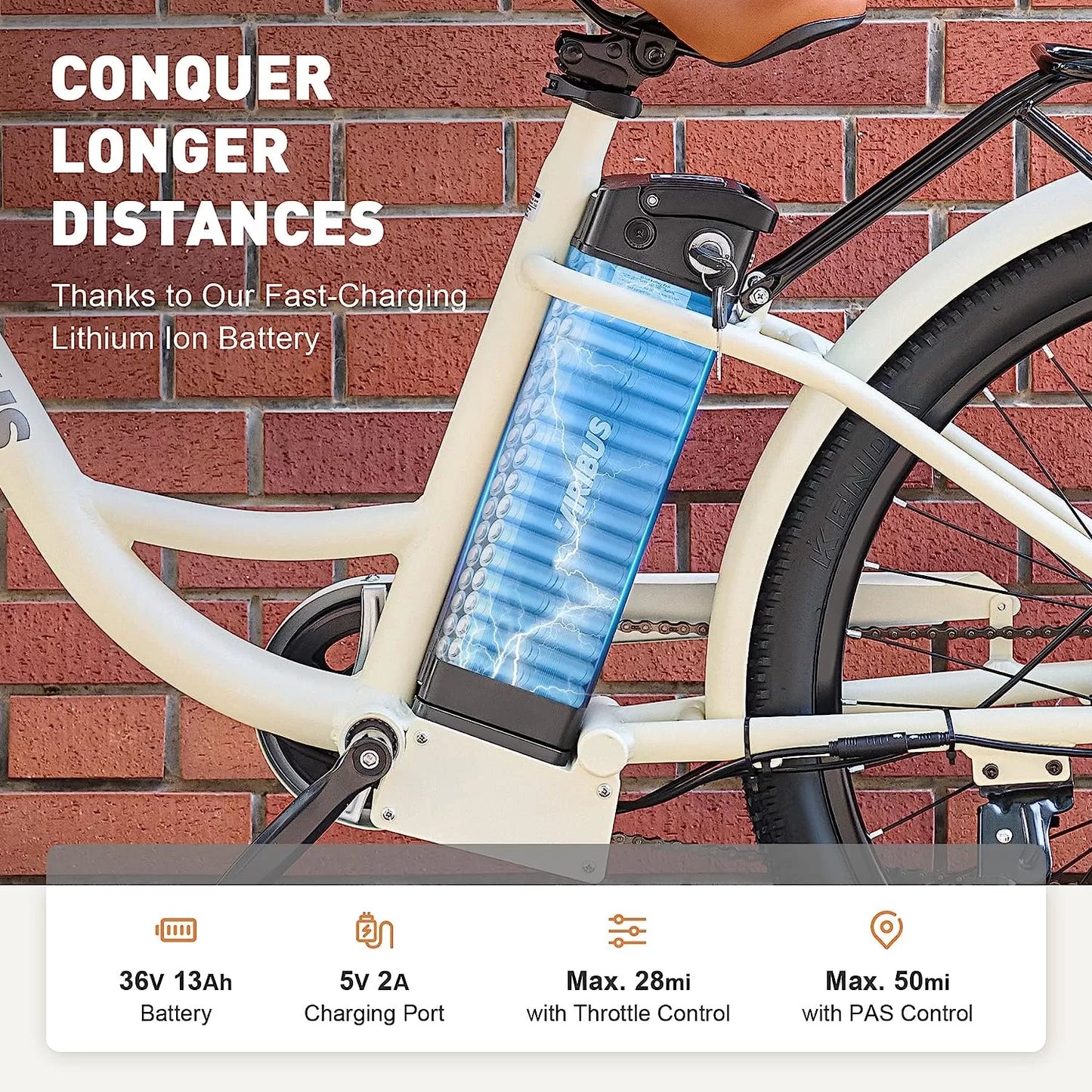 Viribus Electric Bike, Electric Cruiser Bike Adults Women, 25mph 40+ Mile Range 26" City Ebike E Bike with Basket, Electric Bike 350W Shimano 7 Speed Front Suspension for Women Lady, Electric Bicycle