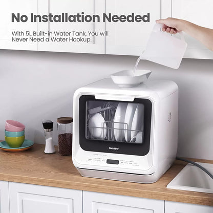 COMFEE' Portable Dishwasher Countertop, Mini Dishwasher with 5L Built-in Water Tank, No Hookup Needed, 6 Programs, 360° Dual Spray, 192°F High-Temp& Air-Dry Function, Dishwasher for Apartments& RVs