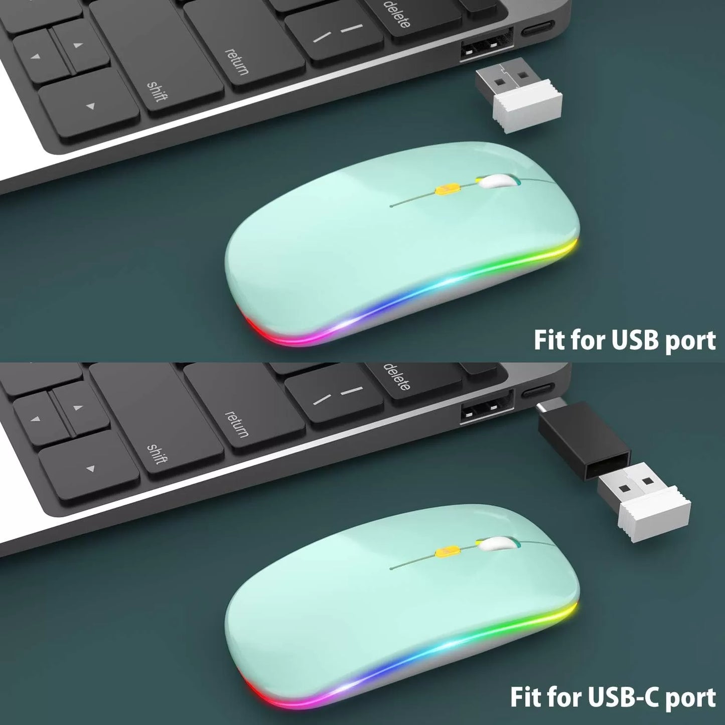 [Upgrade] LED Wireless Mouse, Slim Silent Mouse 2.4G Portable Mobile Optical Office Mouse with USB & Type-c Receiver, 3 Adjustable DPI Levels for Notebook, PC, Laptop, Computer, MacBook (Pink)
