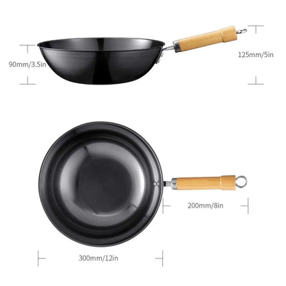 Wok Pan 12 inch High Carbon Steel Stir Fry Pan with Detachable Wood Handle