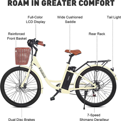 Viribus Electric Bike, Electric Cruiser Bike Adults Women, 25mph 40+ Mile Range 26" City Ebike E Bike with Basket, Electric Bike 350W Shimano 7 Speed Front Suspension for Women Lady, Electric Bicycle