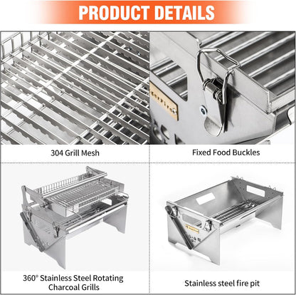 360° Rotating Barbecue Grill, Stainless Steel Flipping Barbecue Grills, Portable Camping Charcoal BBQ Grill Outdoor, Detachable Portable Charcoal Barbecue Grill for Picnic Yard Party