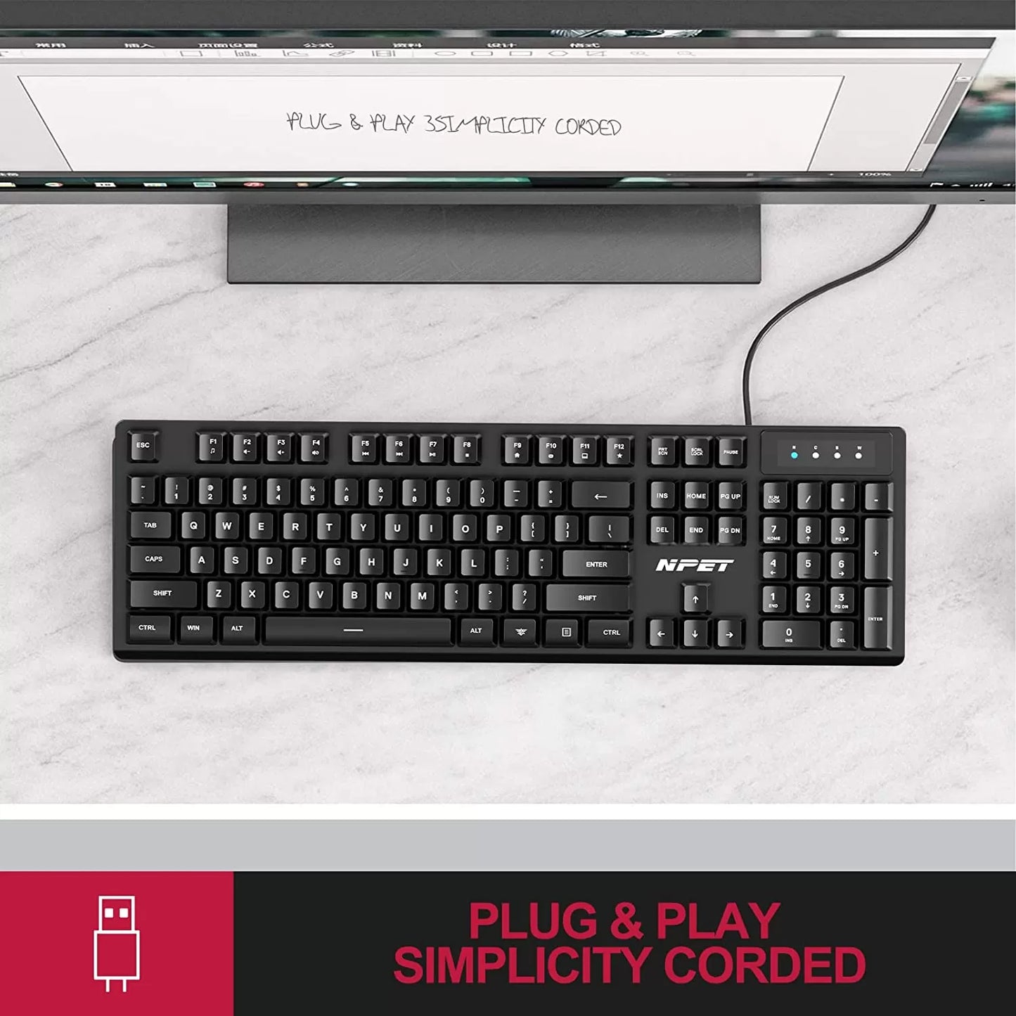 NPET K10 Wired Gaming Keyboard, LED Backlit, Spill-Resistant Design, Multimedia Keys, Quiet Silent USB Membrane Keyboard for Desktop, Computer, PC (Black)