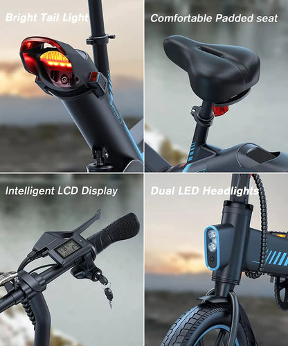 Sailnovo Electric Bike, Electric Bicycle with 18.5mph Electric Bikes for Adults Teens E Bike with Pedals, 14" Waterproof Folding Mini Bikes with Dual Disc Brakes