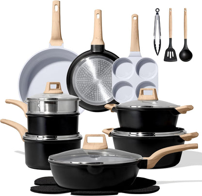 CAROTE ICE 35pcs Pots and Pans Set, Nonstick Cookware Sets, White Granite Induction Cookware with Kitchen Knife Set