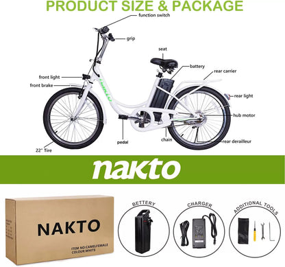 NAKTO 22"/26" Electric Bike for Adults 250W/350W City-Electric Bike Sporting 6-Speed Gear Electric Bicycles 36V 10.4/12Ah Removable Lithium Battery Ebike for Female Male