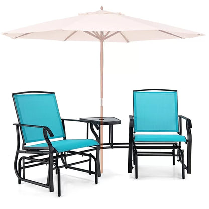 2-Seat Patio Rocking Chair Outdoor Double Glider Chair with Glass Table & Umbrella Hole