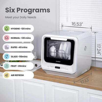 COMFEE' Portable Dishwasher Countertop, Mini Dishwasher with 5L Built-in Water Tank, No Hookup Needed, 6 Programs, 360° Dual Spray, 192°F High-Temp& Air-Dry Function, Dishwasher for Apartments& RVs