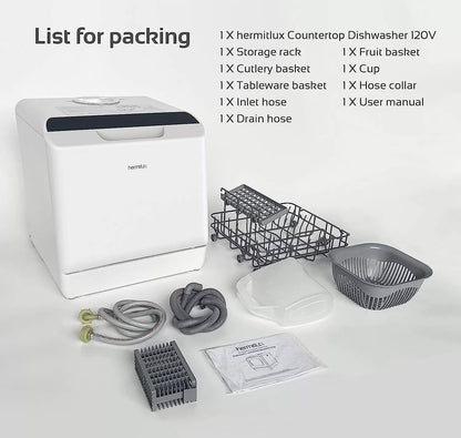 Hermitlux Countertop Dishwasher, 5 Washing Programs Portable Dishwasher With 5-Liter Built-in Water Tank, No Hookup Needed