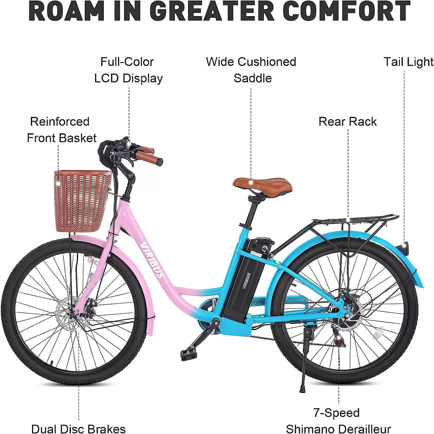Viribus Electric Bike, Electric Cruiser Bike Adults Women, 25mph 40+ Mile Range 26" City Ebike E Bike with Basket, Electric Bike 350W Shimano 7 Speed Front Suspension for Women Lady, Electric Bicycle