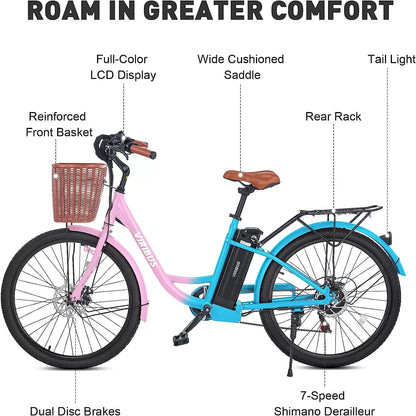 Viribus Electric Bike, Electric Cruiser Bike Adults Women, 25mph 40+ Mile Range 26" City Ebike E Bike with Basket, Electric Bike 350W Shimano 7 Speed Front Suspension for Women Lady, Electric Bicycle