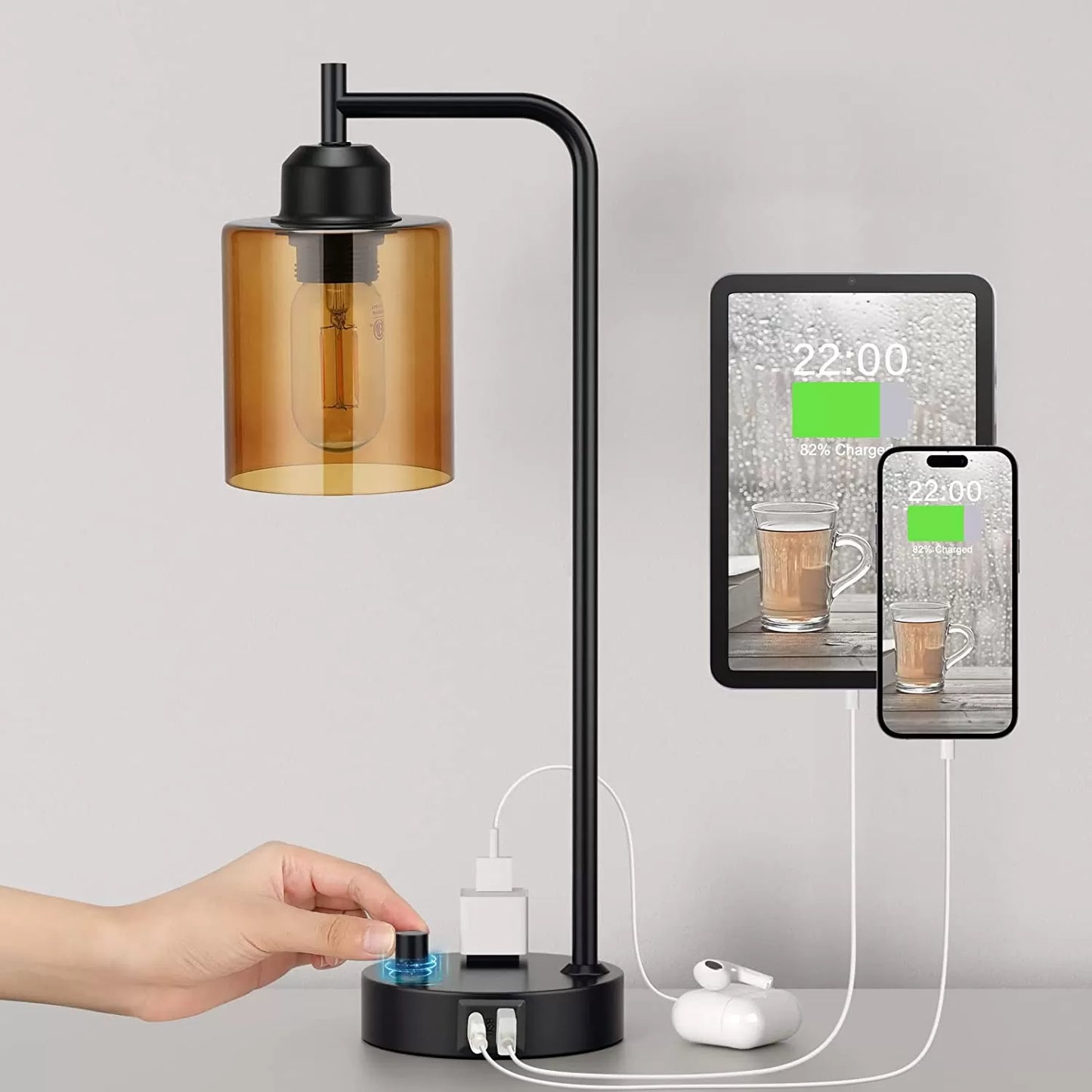 Industrial Bedside Table Lamp for Bedroom - Nightstand Lamps with USB C Charging Port, Fully Dimmable Black Lamps with USB Ports and Outlets, Small Desk Lamp with Glass Shade for Office Living Room