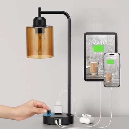 Industrial Bedside Table Lamp for Bedroom - Nightstand Lamps with USB C Charging Port, Fully Dimmable Black Lamps with USB Ports and Outlets, Small Desk Lamp with Glass Shade for Office Living Room